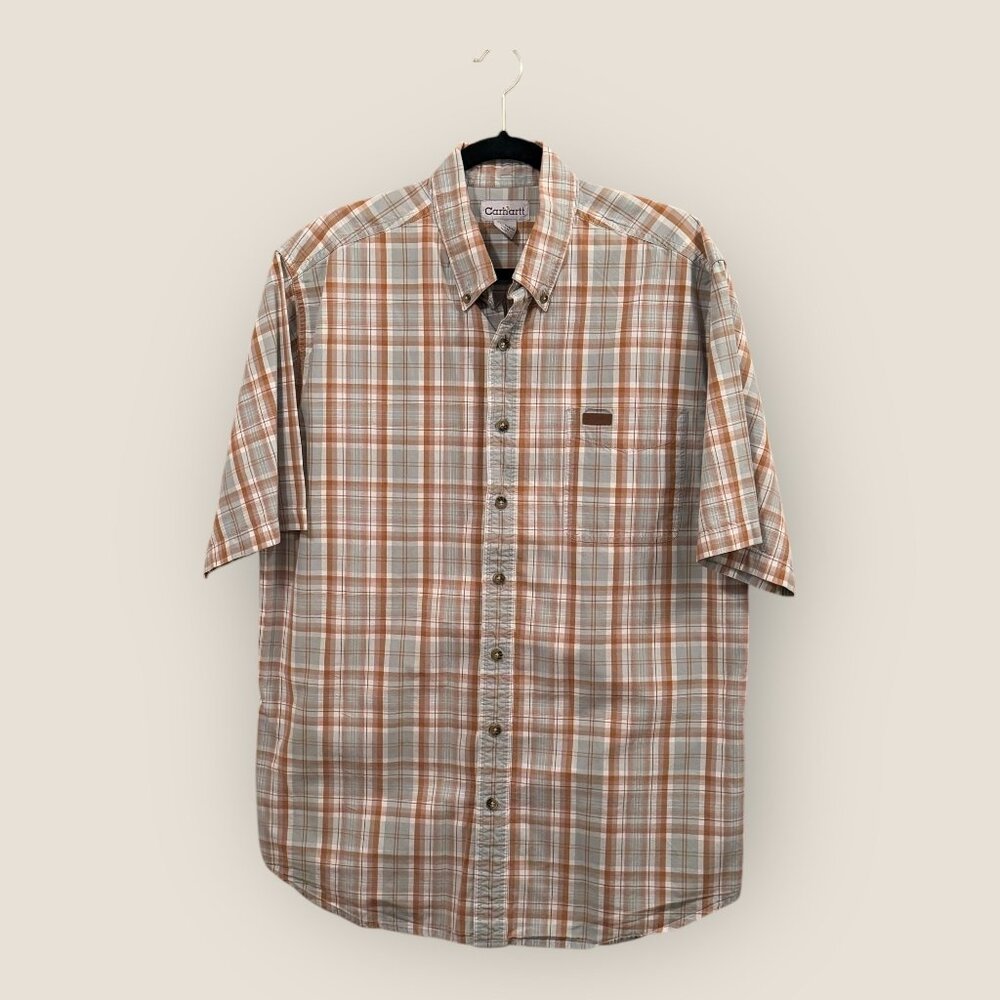 Carhartt Mens Plaid Button-Down Shirt Size L Tall 100% Cotton Short Sleeve - Picture 2 of 5